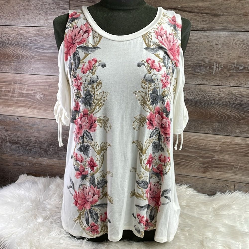 B.L.E.U Peek A Boo Shoulder Floral Top,  Gathered Sleeves,Size S,Cream/Pink/Gold